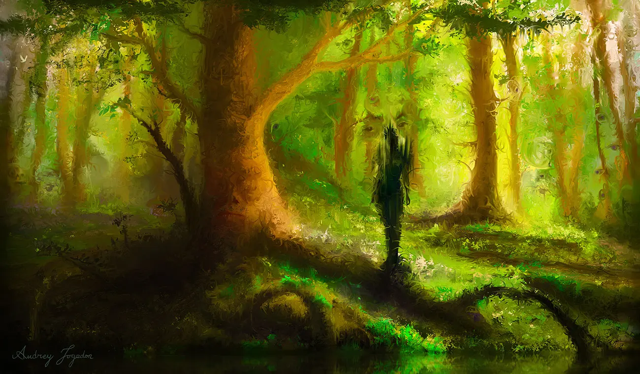 A darkly magical forest evocative of a bog is saturated with small butterflies. The trees are twisted and distorted freely, many of them bearing eyes or even faces. In the center, a large tree with a slumbering face stretches roots out into the stagnant waters of a pond, while to its side a shadowy figure seems to stare at the viewer.