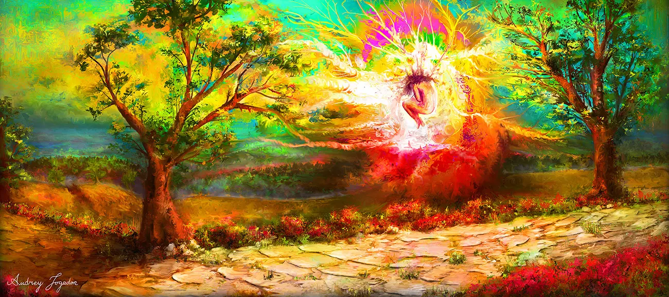Between two distorted trees and in front of a blurred stone walkway, a naked long-haired figure in the fetal position floats in a vortex of multiple colors, which are connected by ghostly branches to the two trees on either side of her. In the distance stretches out an abstract mountainscape.