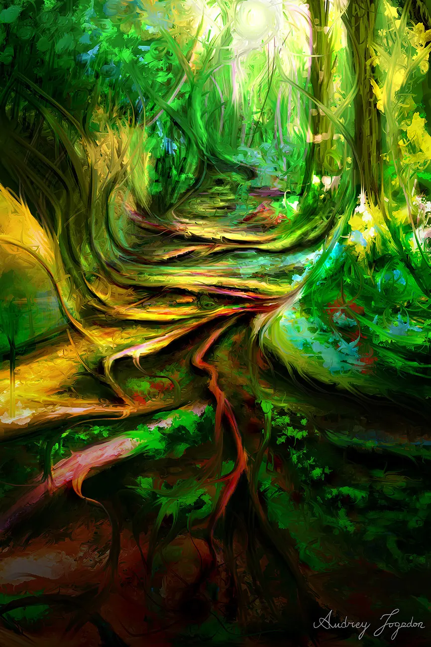 Woodland roots form a set of upward stairs, as perceived through heavily warped, organic, psychedelic deformations and intense colors.