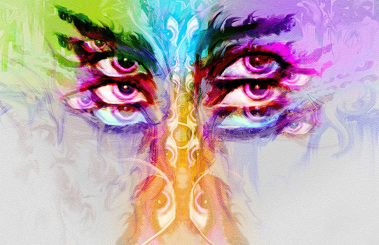 Three pairs of dark eyes sit overlaid on top of each other staring at the viewer, with a singular set of fierce brows conveying a brooding intensity. Various colors and textures are rendered in the background, mostly in electric swirls, with a central conveyer belt of eyes leading through its center.