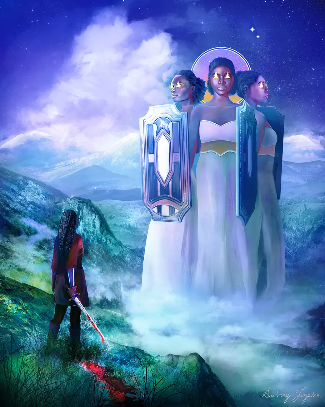 Three colossal black women with glowing yellow eyes holding shields stand framed by a central halo. In the foreground, another Black woman stands, bloody sword in hand, regarding the goddess.