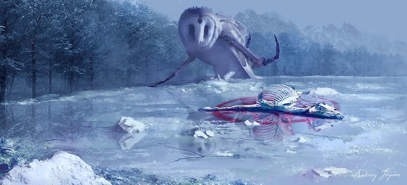 A massive creature with the body of a barn owl and the limbs of a spider surveys an icy plain bordered by frozen pine trees. Its blurred eyes and the central black orb in its forehead gaze upon the clean bones of a horse-like animal displayed in a ritual circle painted with what appears to be blood.
