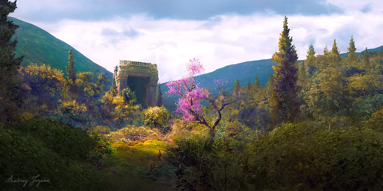 In a subtropical glade, faraway blue mountains and closer yellow-green trees, behind which stands an imposing ruin, frame a central, pink-flowered tree.