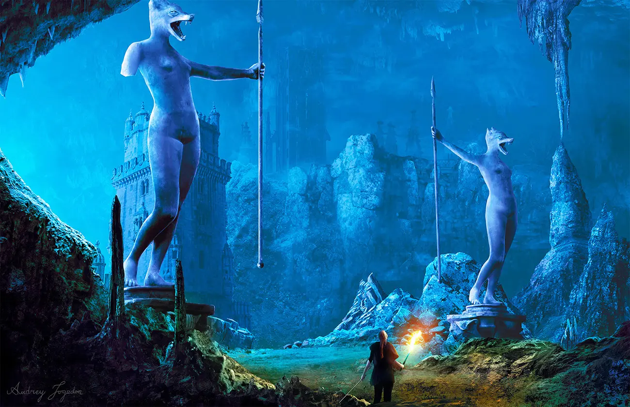 A brilliant blue cavern framed by two statues, women with the head of snarling wolves, who hold aloft the spears of Hyovos. Just behind them is a tower down a road, and in the far distance there are massive buildings atop a rock plateau. In the foreground, a woman with a drawn sword and torch looks on, surrounded by rocks and pillars.