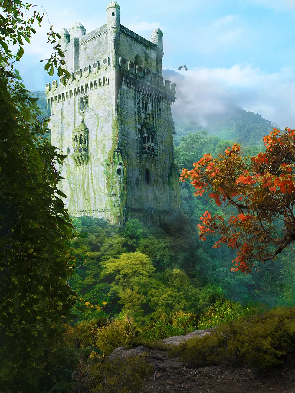 In the early morning of a misty rainforest, an old, large vine-covered stone tower rises from a nearby tree-covered hill.