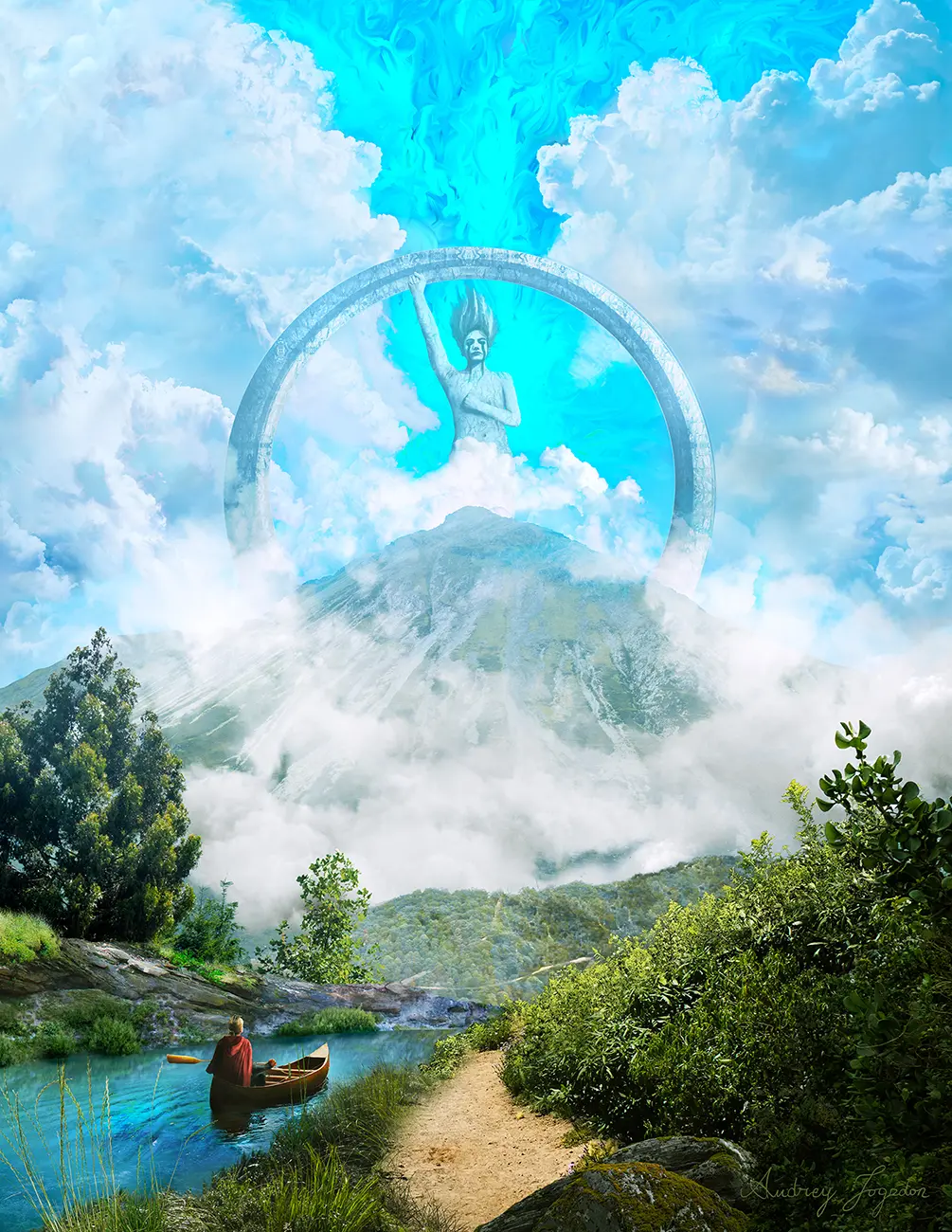 A psychedelic display of magical disturbance in a cerulean sky lies behind a towering ring of stone. Within the ring, there is an equally gigantic statue of a nude androgynous figure, their one hand crossed over their chest and their other raised in a fist toward the sky. A mist-adorned mountain covers the bottom of the monument, which is looked on by a figure kayaking through the vibrant waters of a river, surrounded by lush plants.