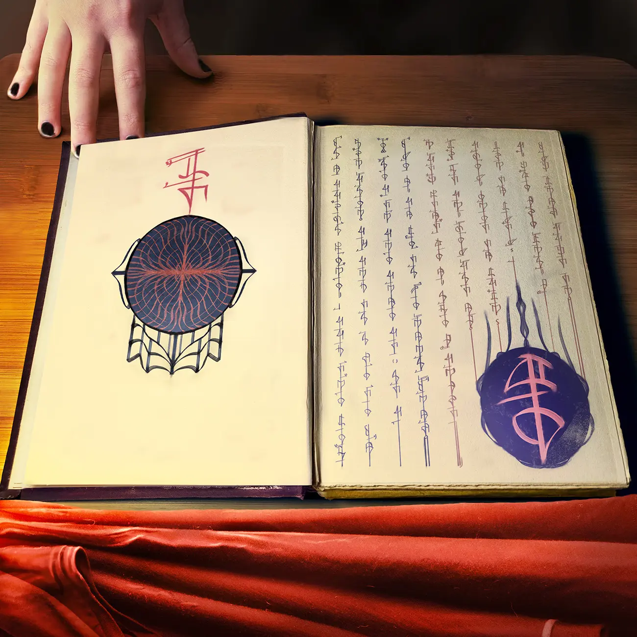 An old, esoteric-looking book full of the ancient script Najath rests on a bamboo table.